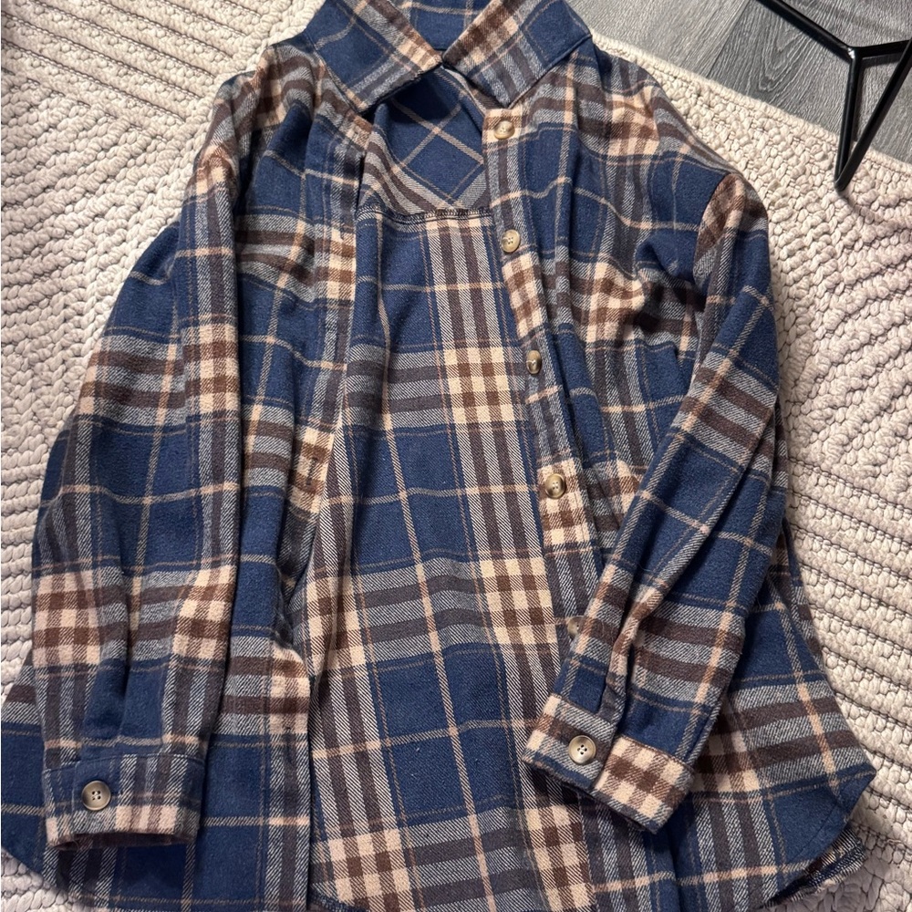 SHEIN Women's Blue and Brown Plaid Button Down Shirt
